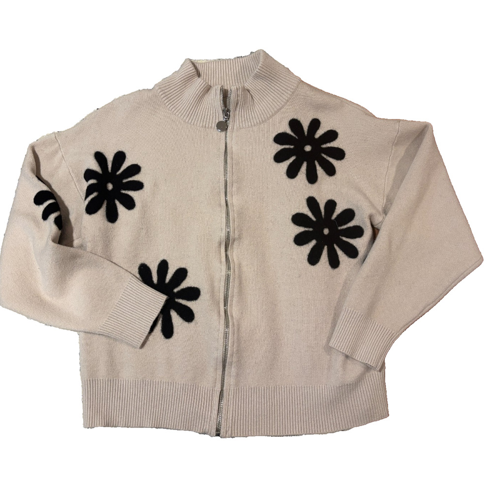Sioni Cream Full Zip Cardigan Sweater Women's Black Flowers Daisies Large